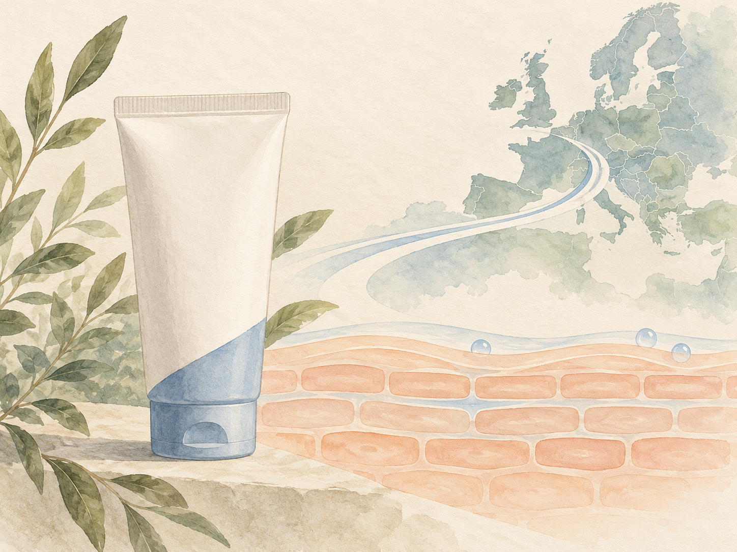 Illustration of a cream tube, a simplified skin barrier and an abstract map of Europe.