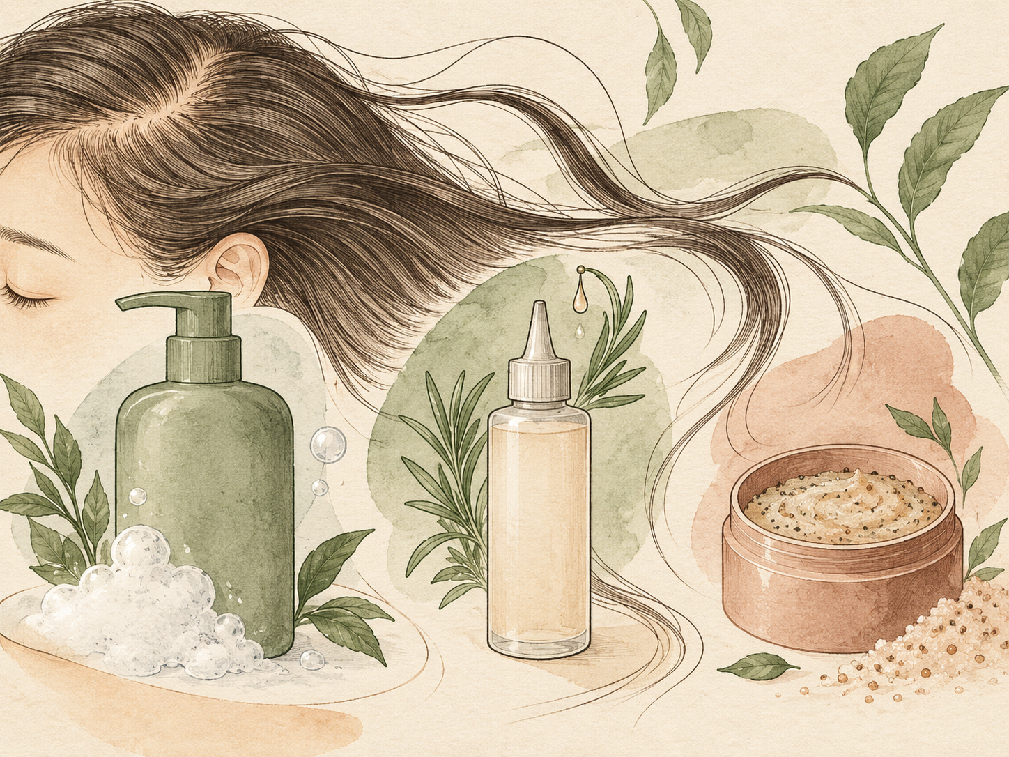 Illustration of shampoo, a scalp-tonic bottle and scrub beside flowing hair.