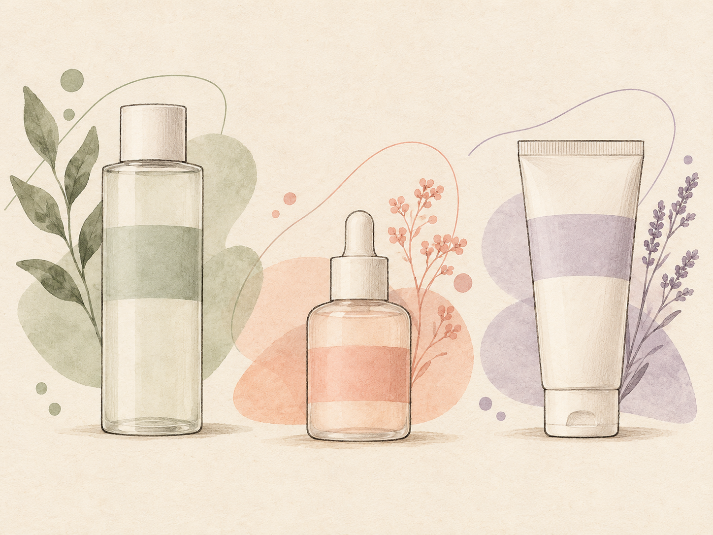 Illustration of an unbranded toner bottle, dropper bottle and cream tube.