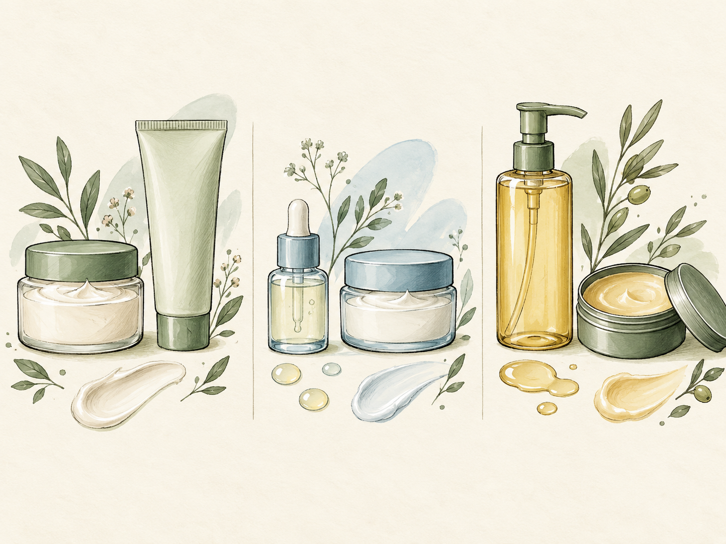 Illustration of unbranded cream, serum and cleanser formats.