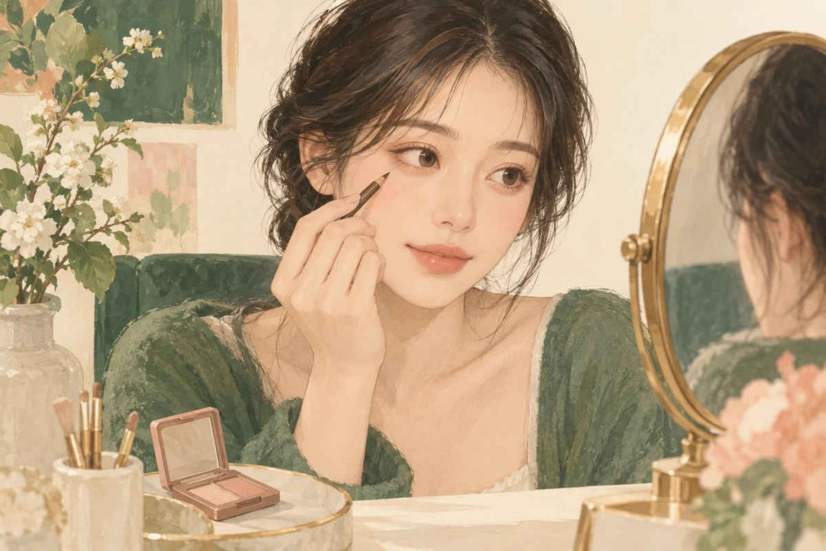 Editorial illustration of a woman with a mirror and an unbranded makeup pencil near her cheek.