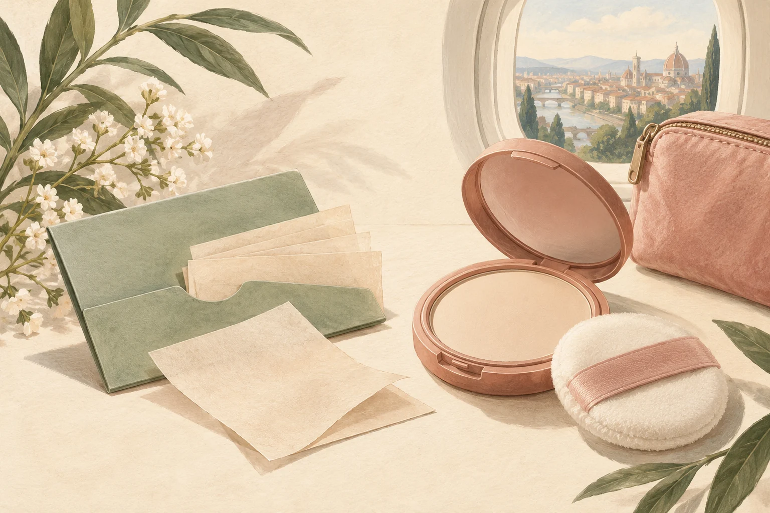Illustration of blotting sheets, an open powder compact and a travel pouch.