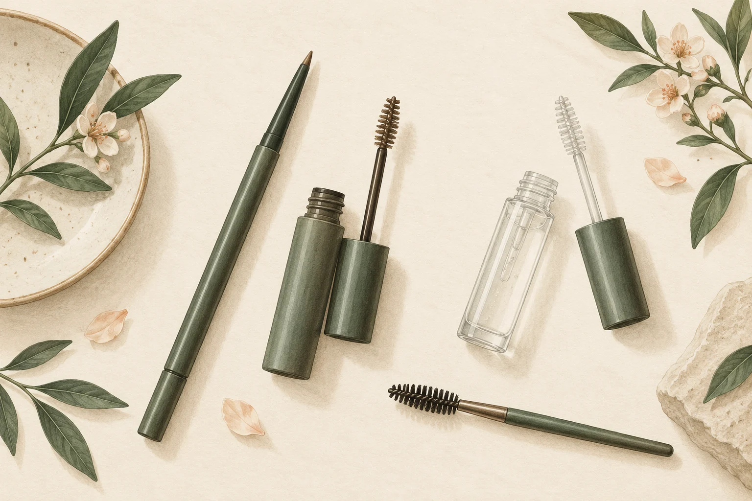 Illustration of an eyebrow pencil, tinted brow wand, clear gel wand and a clean spoolie.