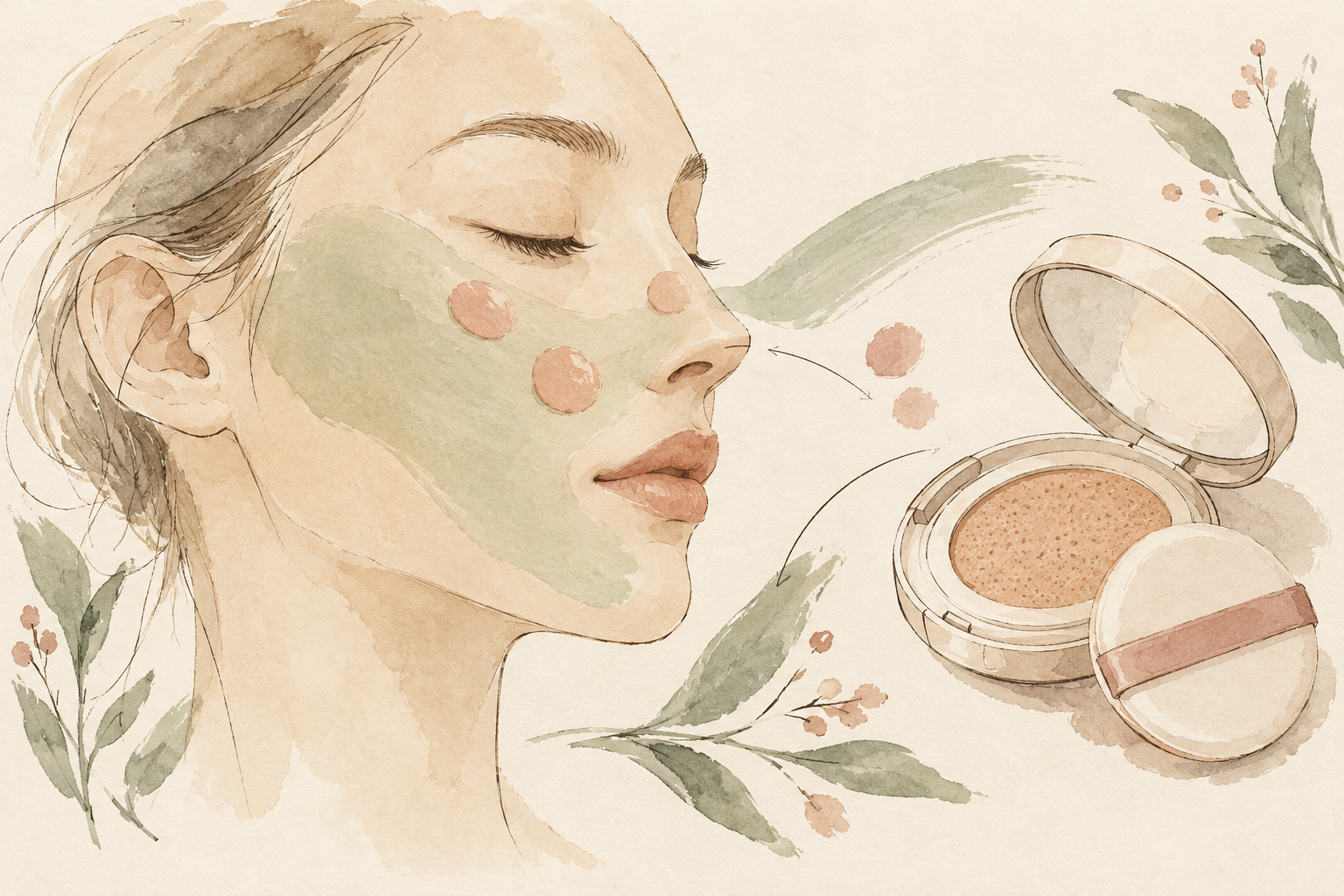 Illustration of a face with an abstract sunscreen layer and makeup dots beside a cushion compact.