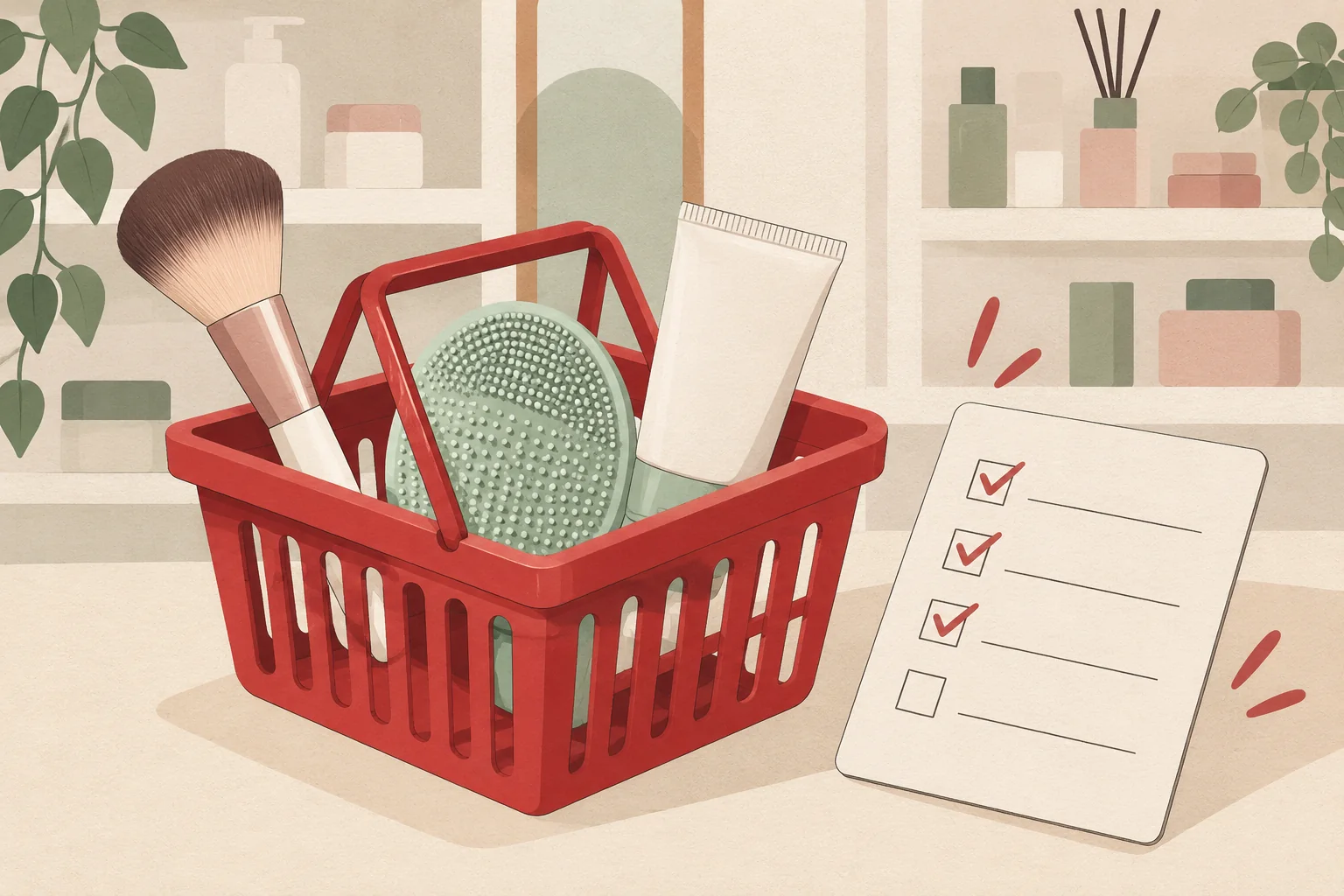 Illustration of a small basket of unbranded beauty tools and skincare beside a shopping list.
