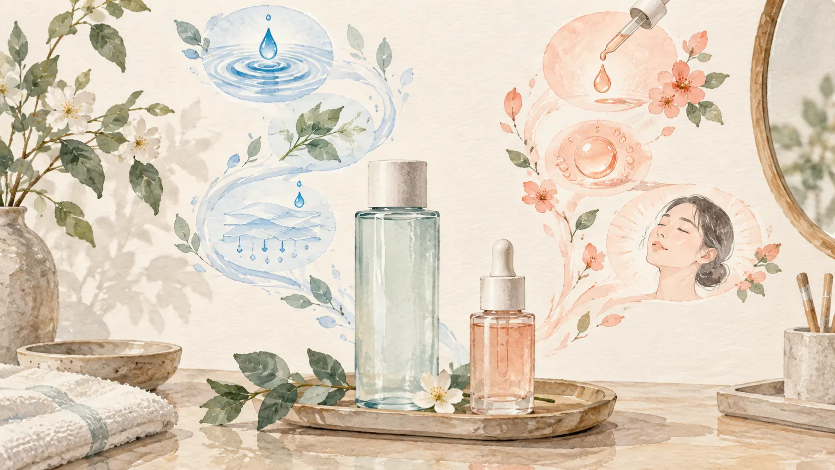 Illustration of unbranded toner and serum bottles with decorative liquid drops.