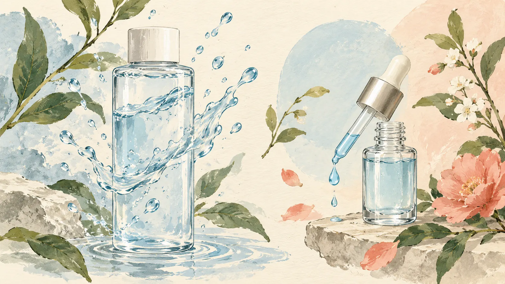 Illustration of a toner bottle and serum dropper with decorative water drops.