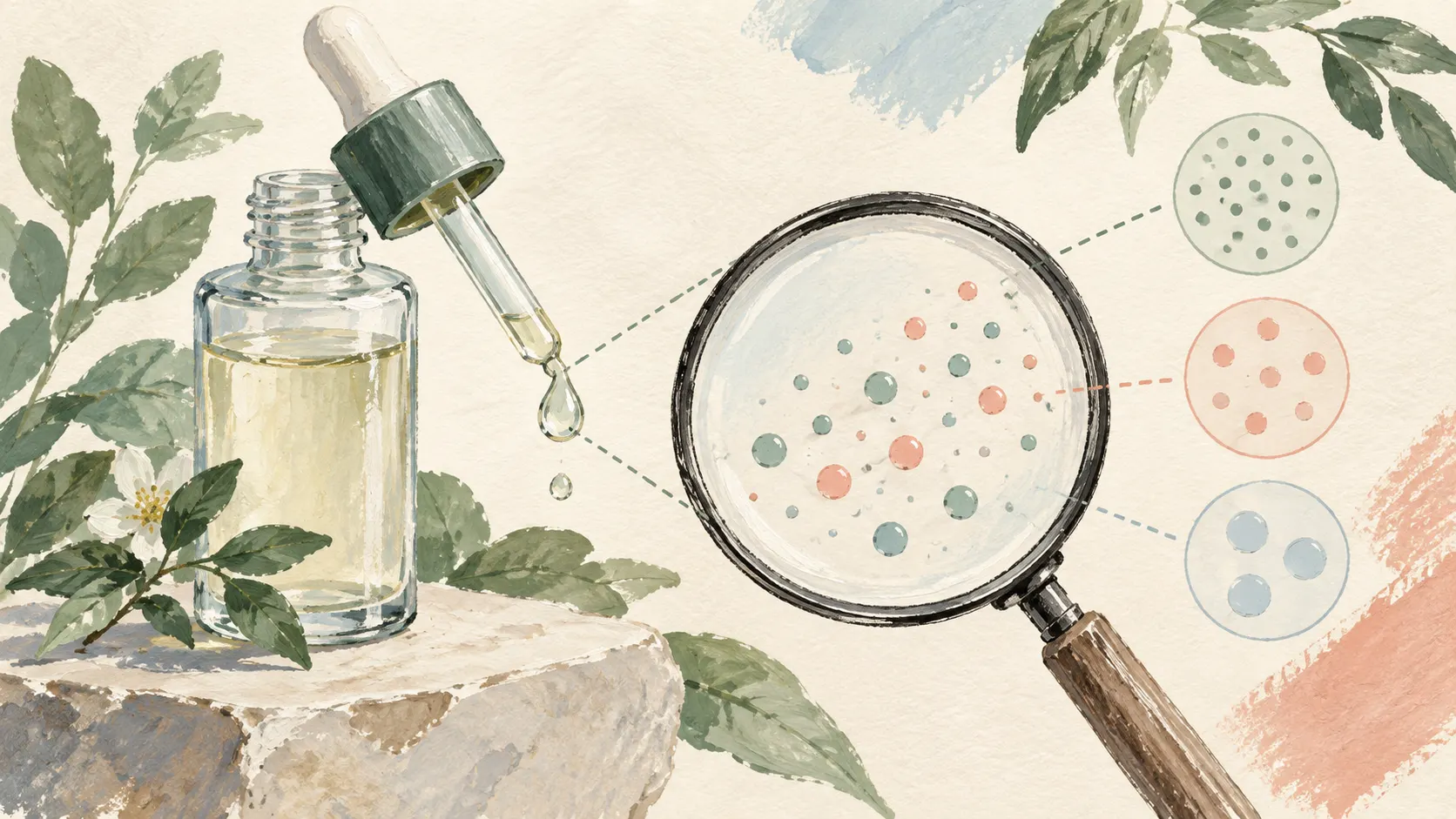 Illustration of a serum bottle and a magnifying glass over abstract concentration dots.