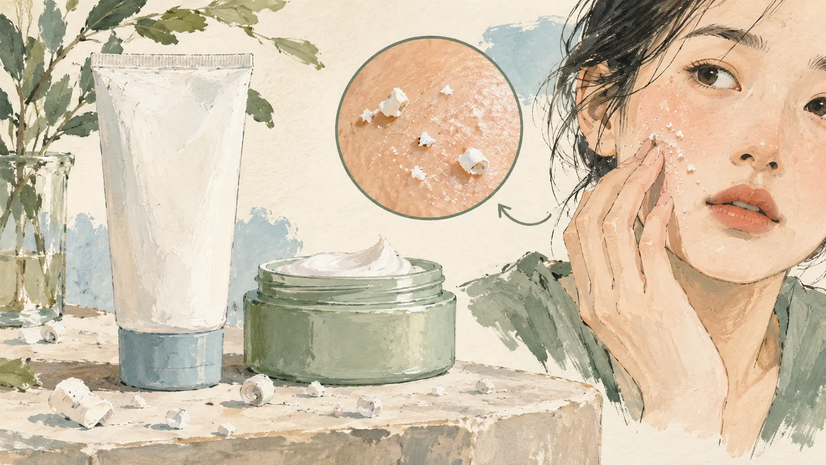 Illustration of skincare containers and rolled product flakes on a drawn face.
