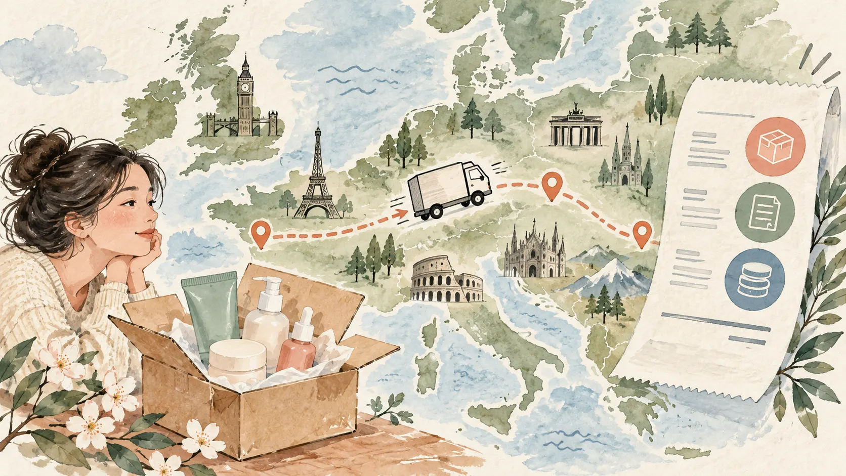 Illustration of a skincare parcel, an abstract European route and a receipt.