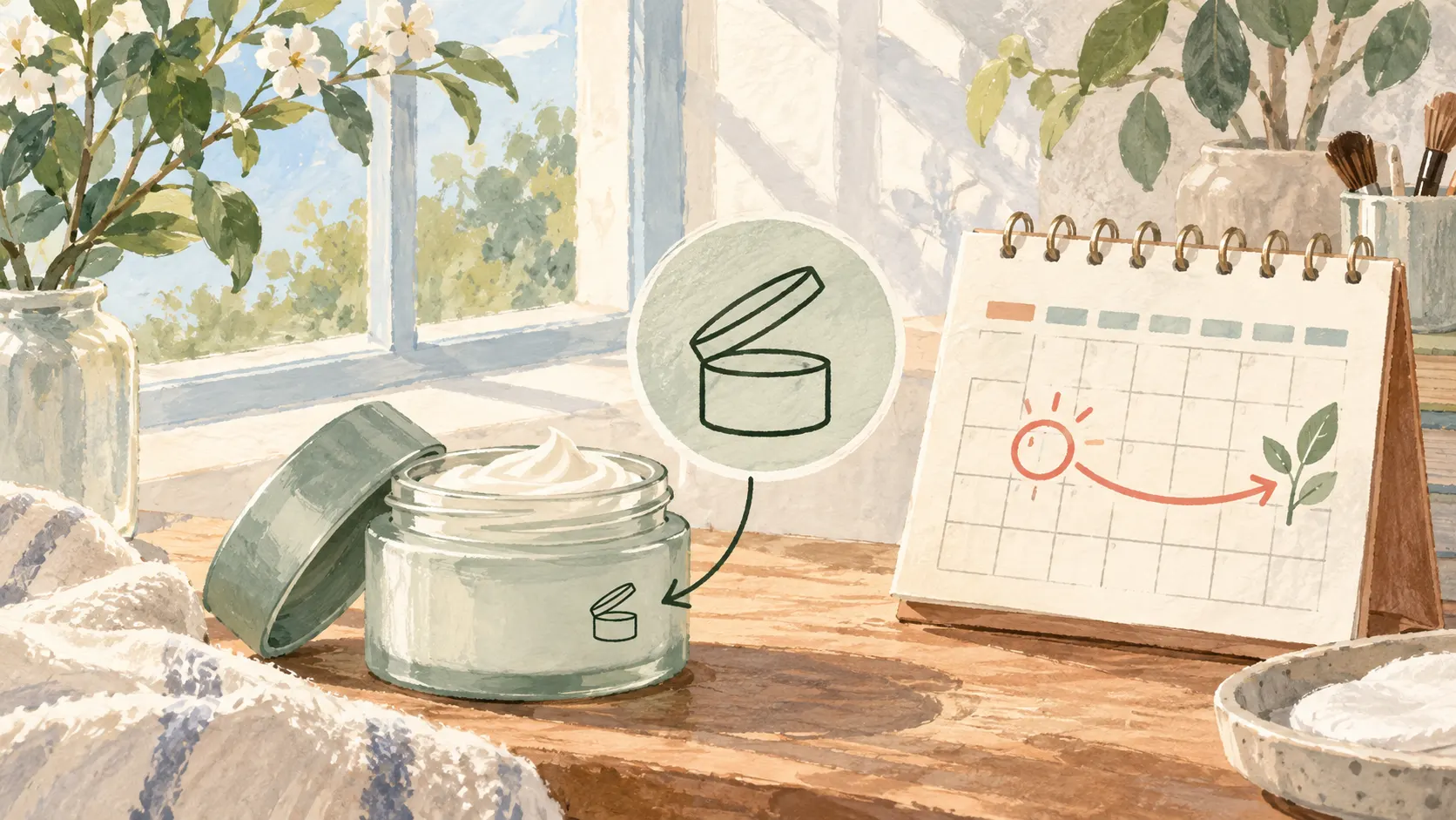 Illustration of a skincare jar, an open-jar symbol and a calendar.