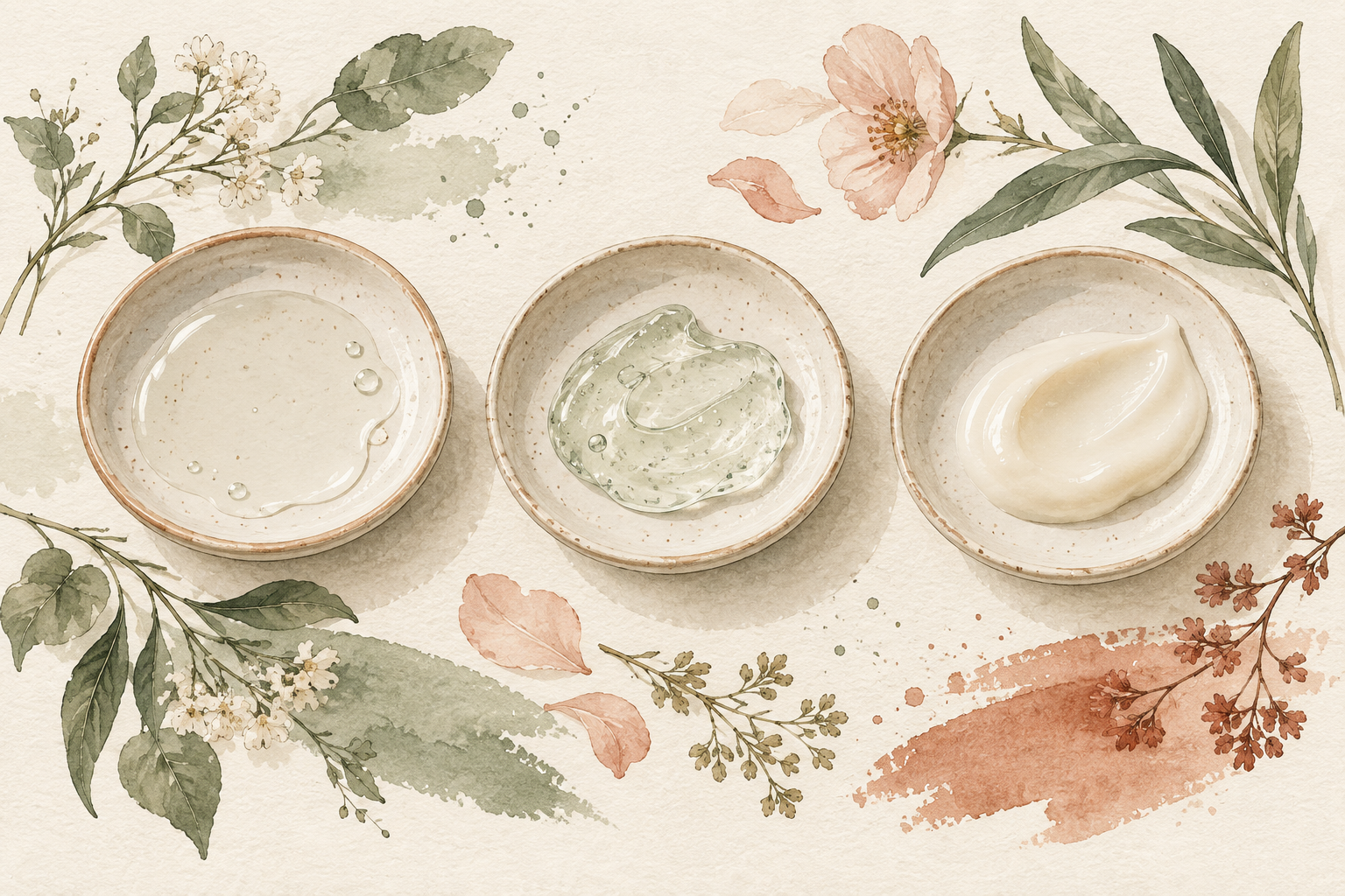 Illustration of three skincare textures in equal dishes.
