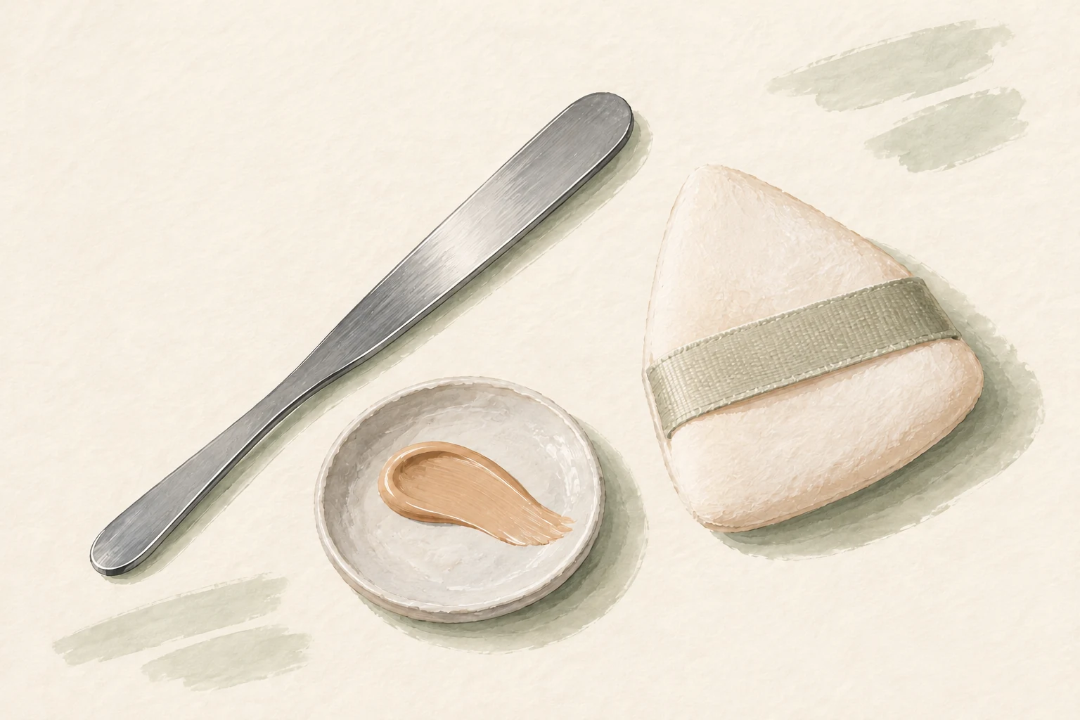 Editorial illustration of an unbranded blunt makeup spatula, triangular puff and a small foundation palette.