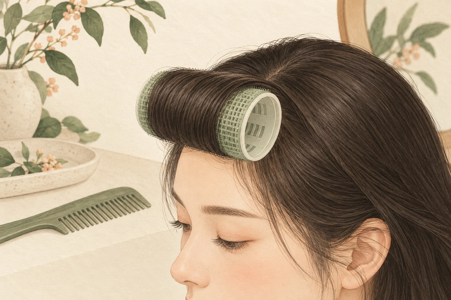 Illustration of a fringe section wrapped around a self-grip hair roller.