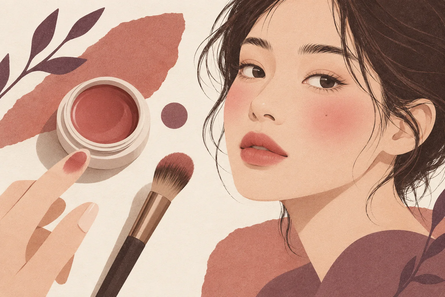 Conceptual illustration of an unbranded colour pot and coordinated lip and cheek makeup.