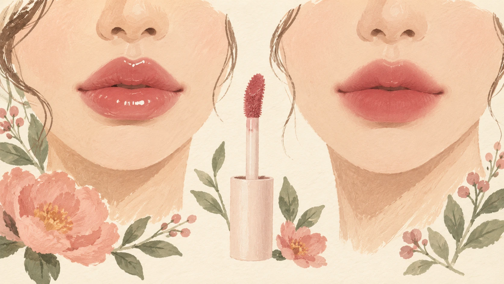 Illustrated rose-coloured lips with a glossy highlight on the left and a softly blurred matte edge on the right.