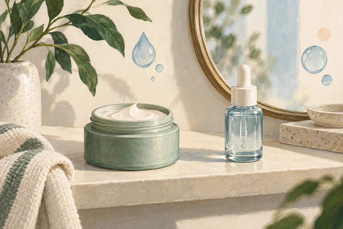 Conceptual illustration of an unbranded moisturiser jar and a serum dropper bottle placed apart on a vanity.