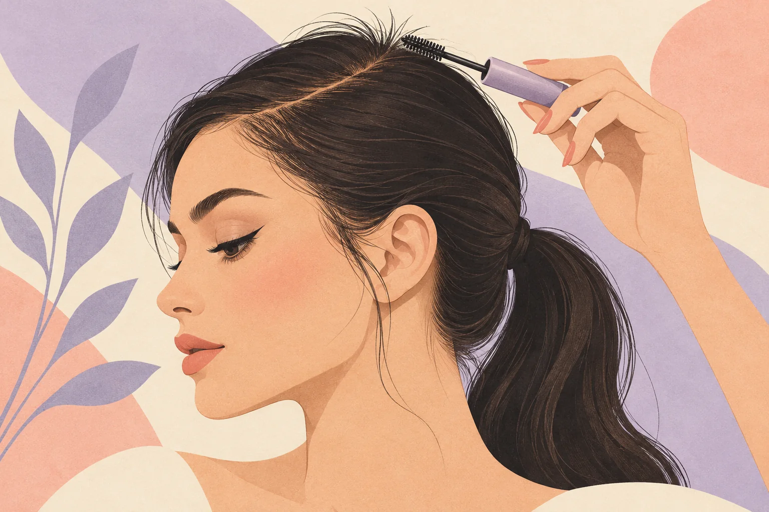 Illustration of a styling wand tidying short hairs near a ponytail, away from the eyes.