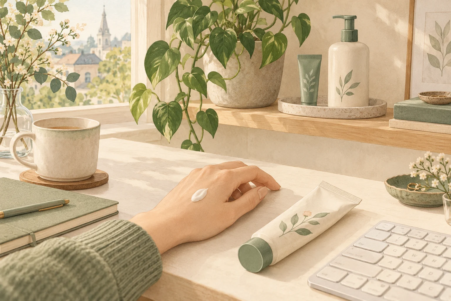 Illustration of hand cream on a hand beside a keyboard, with lotion and travel cream nearby.