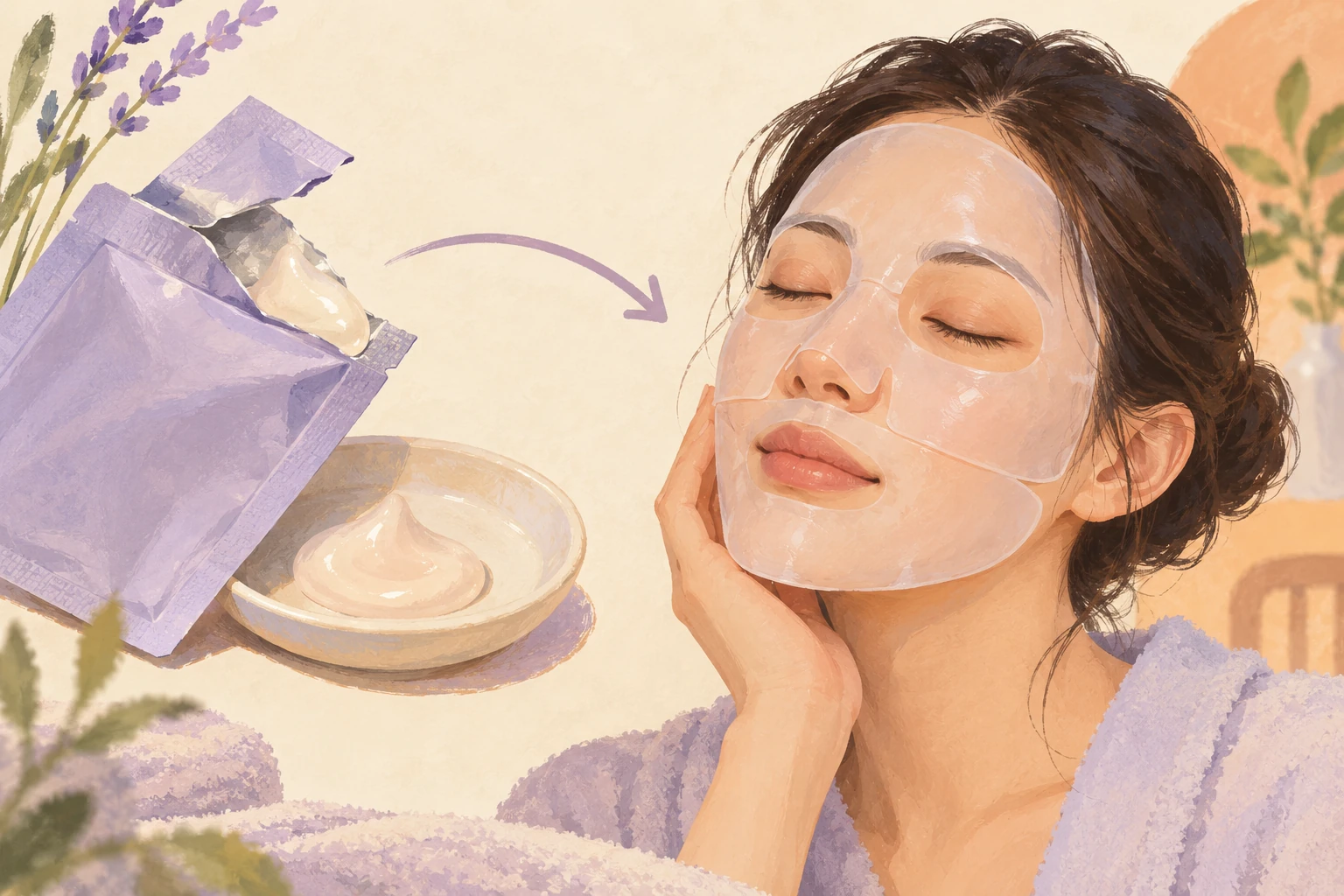 Editorial illustration of a creamy ampoule sachet beside a woman wearing a translucent face mask, with an arrow showing application order.