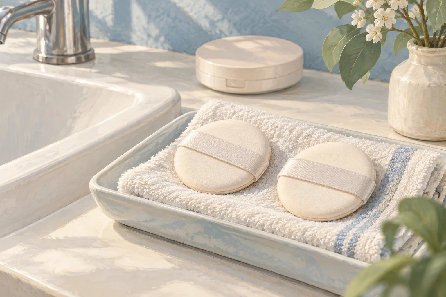 Conceptual illustration of two unbranded cushion puffs drying on a clean towel beside a sink.