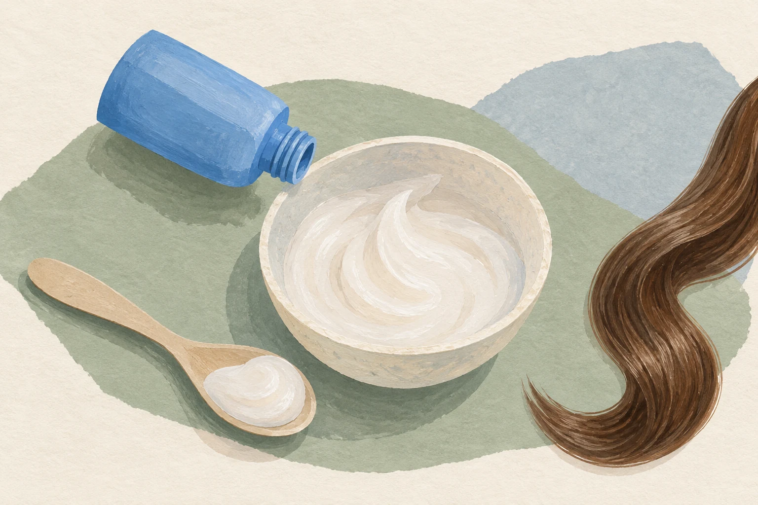 Conceptual illustration of an unbranded blue bottle, a bowl of cream, a spoon and a lock of brown hair.