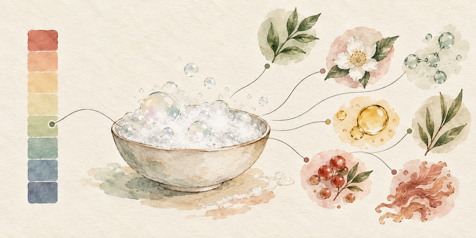 Conceptual illustration of cleanser bubbles beside a colour scale and decorative formula motifs.
