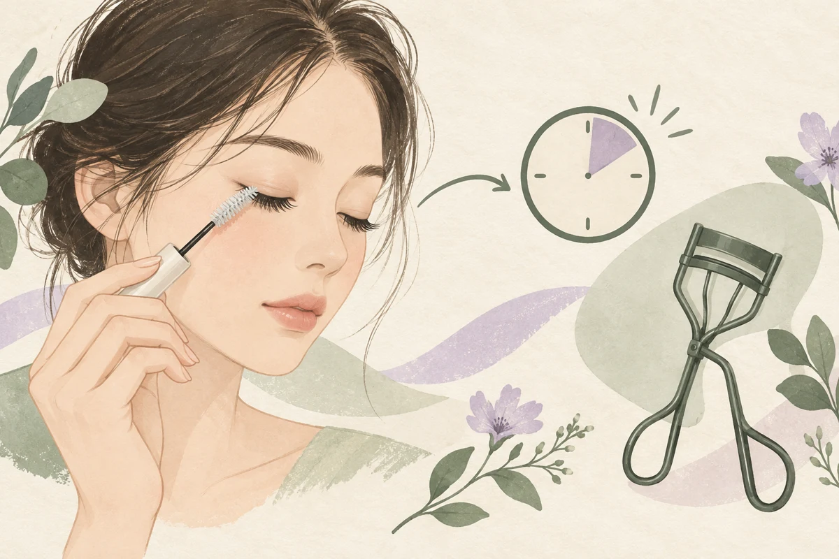 Conceptual illustration of an unbranded lash brush, a woman, an eyelash curler and a clock.