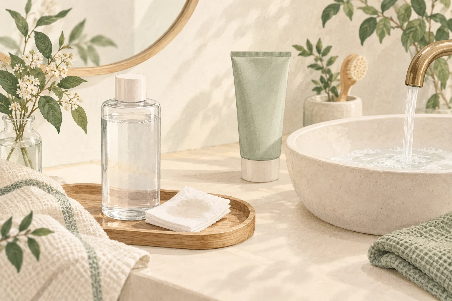 Illustration of cleansing water, cotton pads and a separate cleanser beside a basin.