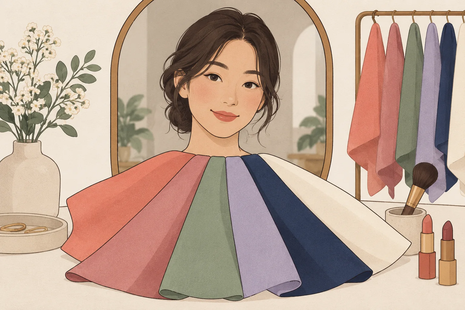 Illustration of colour-draping fabrics and makeup during a personal colour consultation.