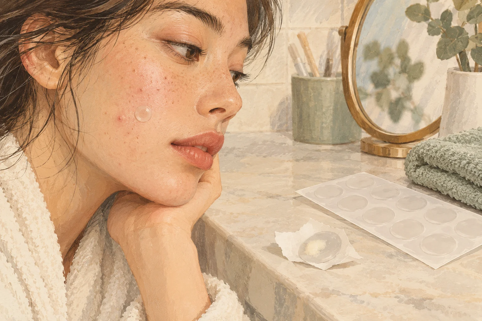 Editorial illustration of a person wearing a clear cheek patch beside a used patch with a cloudy centre.