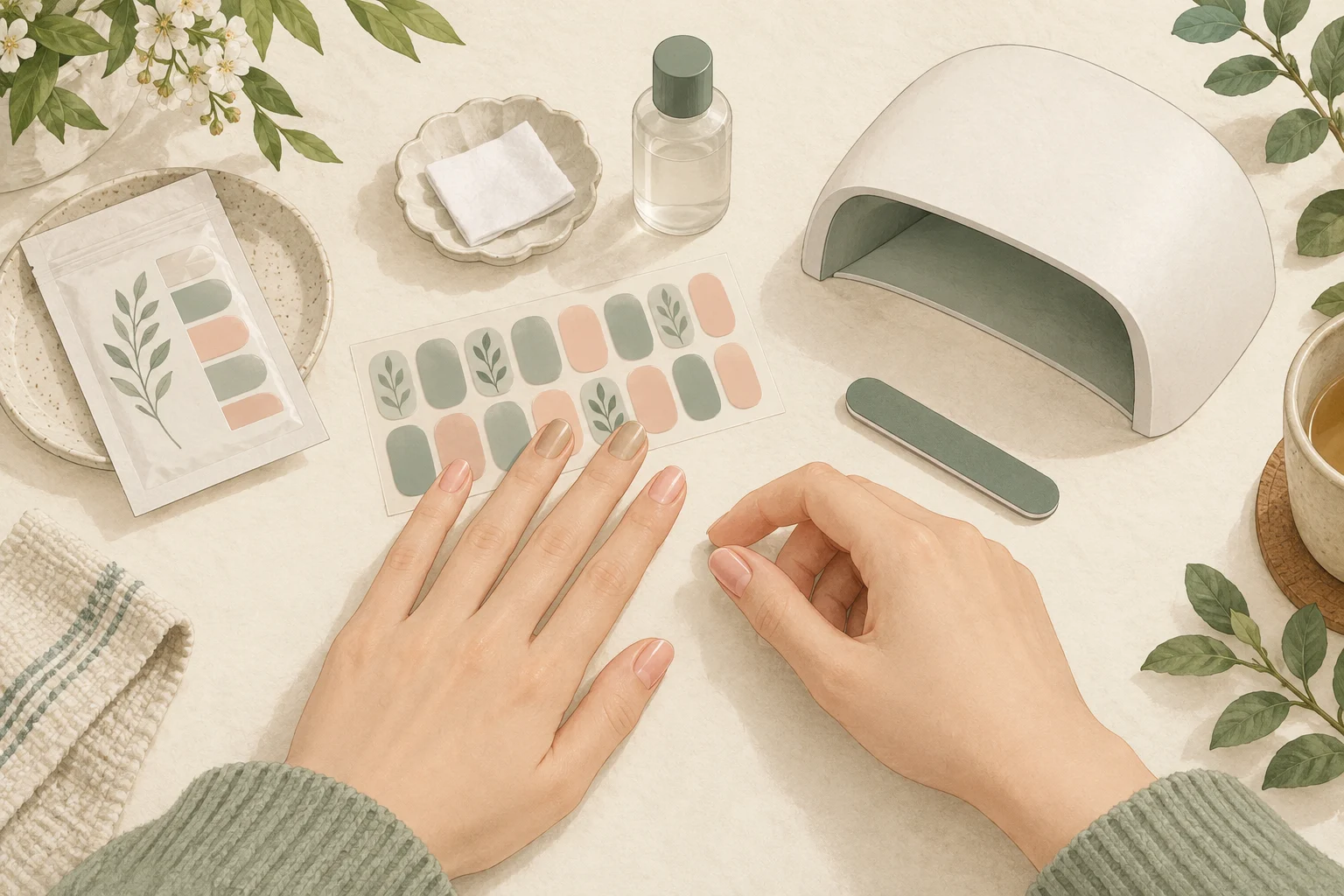 Illustration of nail strips, a UV LED lamp, prep pad, file and remover for a home manicure.