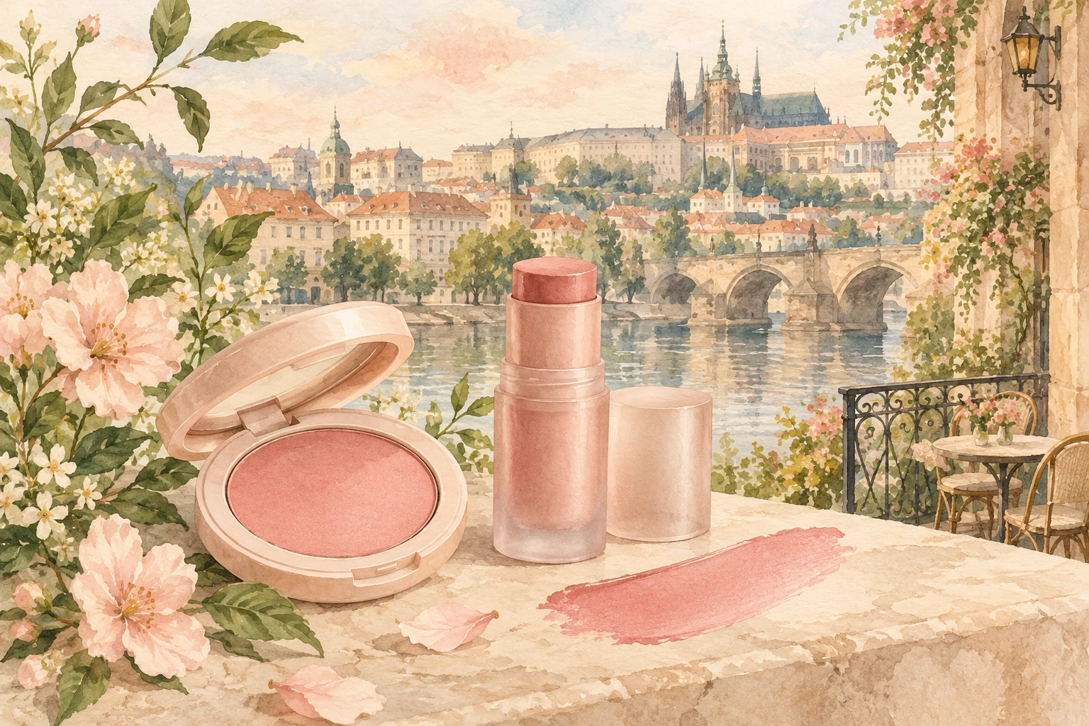 Watercolour illustration of a blush compact and tint stick with a decorative Prague background.