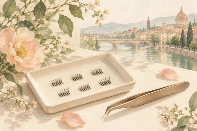 Watercolour illustration of false-lash clusters and tweezers on a cream tray, with a decorative European city background.