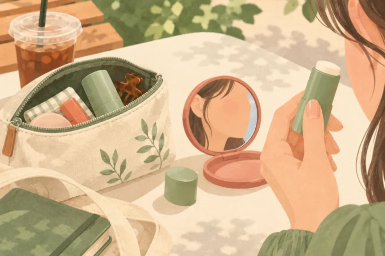 Editorial illustration of a portable sun stick, makeup pouch and compact mirror.