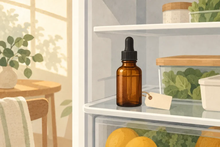 Editorial illustration of a closed amber serum bottle and blank opening-date tag on a refrigerator shelf.