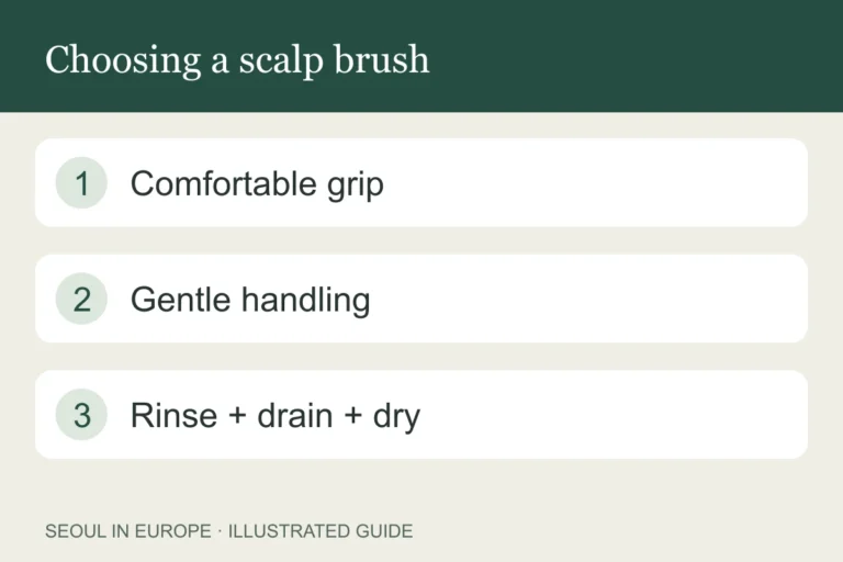 Choosing a scalp brush: Comfortable grip; Gentle handling; Rinse + drain + dry.