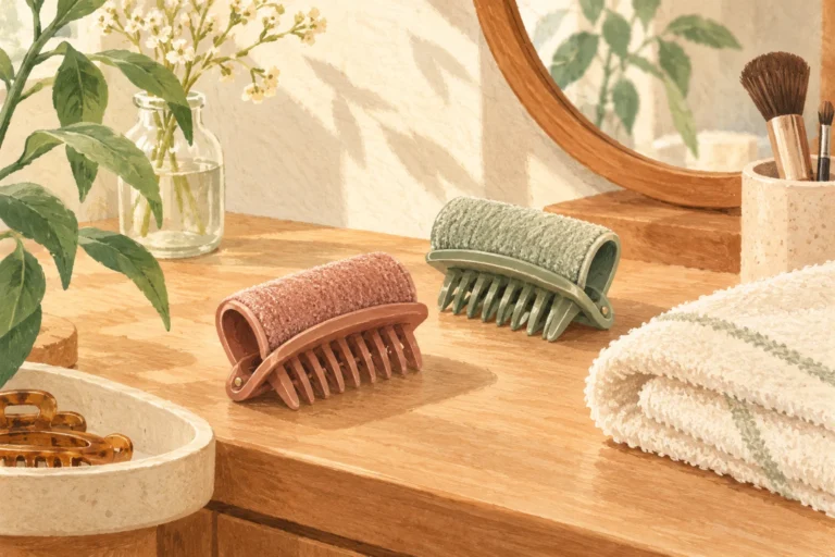 Painted illustration of small root-volume clips and a folded towel on a vanity.
