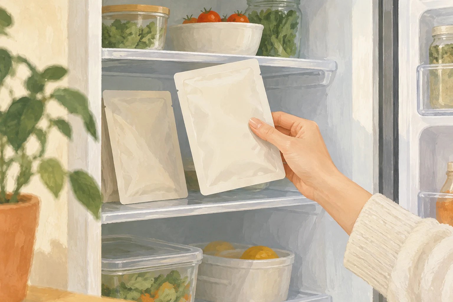 Illustration of a hand taking a plain sealed sheet-mask packet from a refrigerator shelf.
