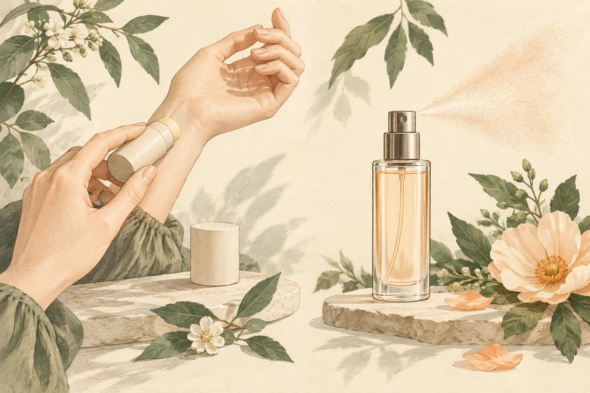 Conceptual illustration of a generic solid fragrance stick near a wrist and an unbranded perfume atomiser.